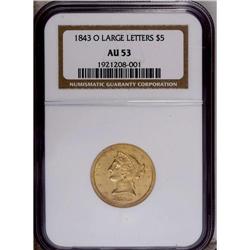 1843-O $5 Large Letters AU53 NGC. Glimm