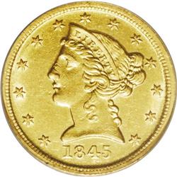 1845-D $5 --Reverse Rim Filed--NCS. AU 