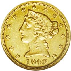 1846-D $5 AU53 NGC. Variety 16-K. Norma