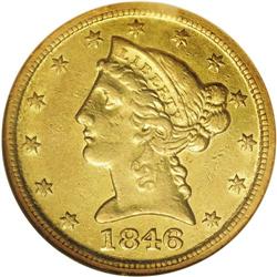 1846-D/D $5 AU50 NGC. Variety 15-J. The
