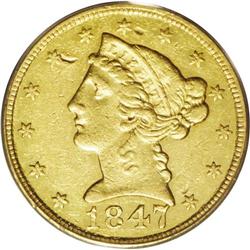 1847-C $5 XF45 PCGS. Variety 9-E. The v