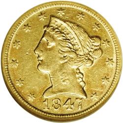 1847-D $5 AU50 NGC. Variety 16-M. Brigh
