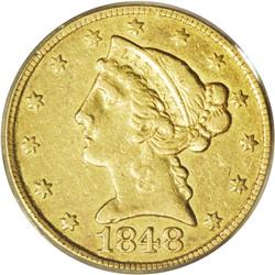 1848-C $5 XF45 PCGS. Variety 11-E. Subt