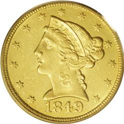 "1849-C $5 MS62 PCGS. Variety 12-F, Die "