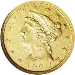 1850-C $5 AU55 NGC. Variety 15-F. A sui