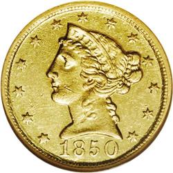 1850-D $5 AU55 NGC. Variety 24-P. The L