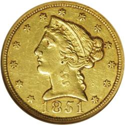 1851-C $5 AU50 NGC. Variety 16-G. A mod