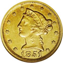 1851-D $5 AU55 NGC. Variety 26-R. Pumpk