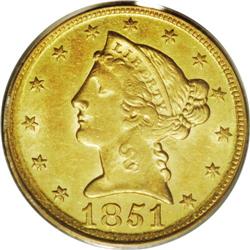 1851-D $5 MS62 PCGS. Ex: Green Pond. Va