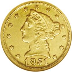 1851-D $5 Weak D AU55 NGC. Variety 26-O