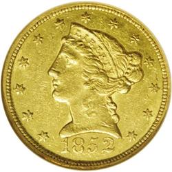 1852-C $5 AU55 NGC. Variety 18-H. The c