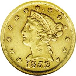 1852-D $5 AU53 NGC. Variety 27-U. A ple