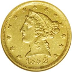 1852-D $5 AU58 NGC. Variety 27-U; the d