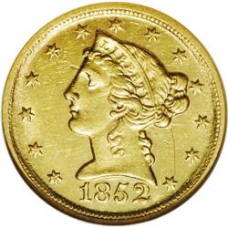 1852-D $5 AU58 NGC. Variety 28-U. The d