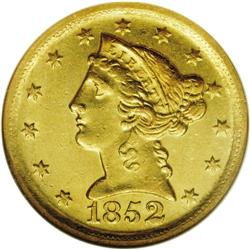 1852-D $5 MS61 NGC. Variety 27-U. A ver