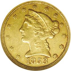 1853-C $5 AU53 NGC. Variety 20-H. An or