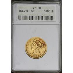 1853-D $5 Large D VF20 ANACS. Variety 2