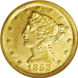 1853-D $5 Large D MS61 NGC. Variety 29-
