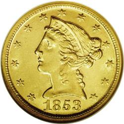 1853-D $5 Medium D MS62 NGC. 1853-D[$5]