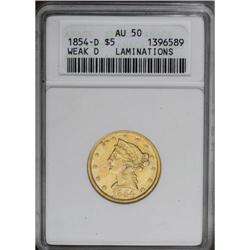 1854-D $5 Weak D--Laminations--AU50 ANA