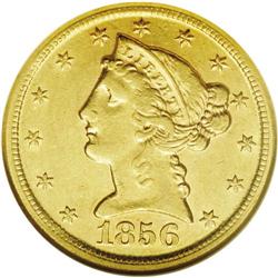 1856-D $5 AU55 NGC. Variety 33-BB. This