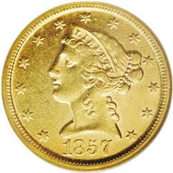1857-D $5 AU50--Obverse Improperly Clea