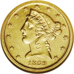 1859-D $5 Medium D AU55 NGC. Variety 36