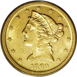 1860-D $5 Medium D MS60 PCGS. Variety 3