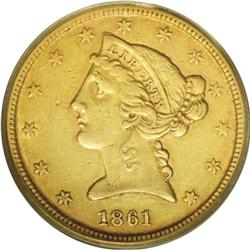 1861-D $5 AU50 PCGS. Variety 39-FF. The