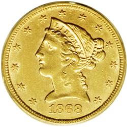 1868-S $5 AU58 PCGS. The 1868-S half ea