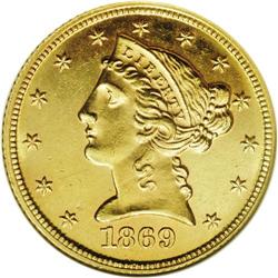 1869 $5 --Scratched--ANACS. MS60 Detail