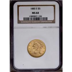 1885-S $5 MS64 NGC. A lustrous and radi