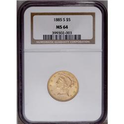 1885-S $5 MS64 NGC. Light rose-gold cen