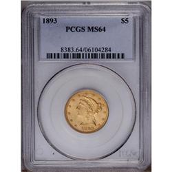 1893 $5 MS64 PCGS. Mint-green and pink-