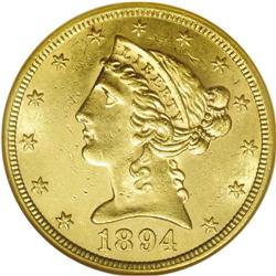 1894-S $5 MS60 NGC. The mintmark is rep