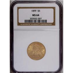 "1899 $5 MS64 NGC. This satiny, well str"