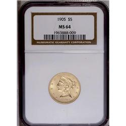 1905 $5 MS64 NGC. Creamy luster bathes 