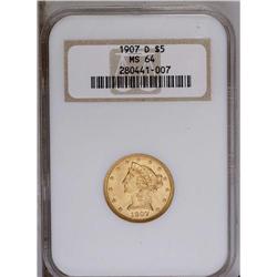 1907-D $5 MS64 NGC. A lovely final year