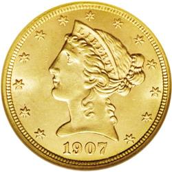 1907-D $5 MS65 NGC. Second year of issu