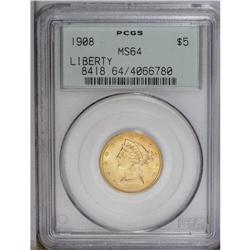 1908 $5 MS64 PCGS. A boldly struck fina