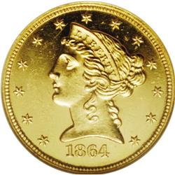 1864 $5 PR63 Cameo NGC. 1864[$5] PR63 C