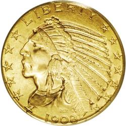 1908 $5 MS64 PCGS. Powerfully impressed