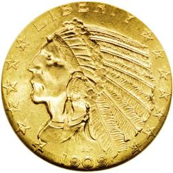 "1909-D $5 MS63 NGC. A frosty, highly lu"