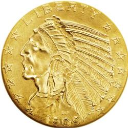 1909-D $5 MS64 NGC. A lovely peach-gold