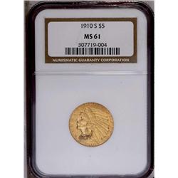 1910-S $5 MS61 NGC. Well struck with ri