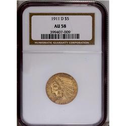 1911-D $5 AU58 NGC. Olive-gold highpoin