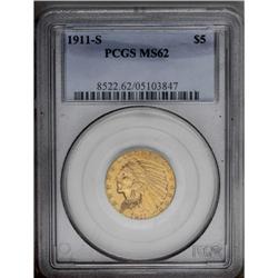 1911-S $5 MS62 PCGS. Pleasing gold-oran
