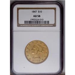 1847 $10 AU58 NGC. A splendidly detaile