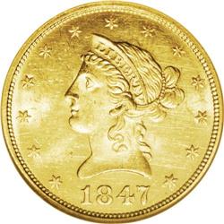 1847 $10 MS62 NGC. This fully lustrous 