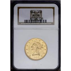1849 $10 AU58 NGC. Bright peach-gold su
